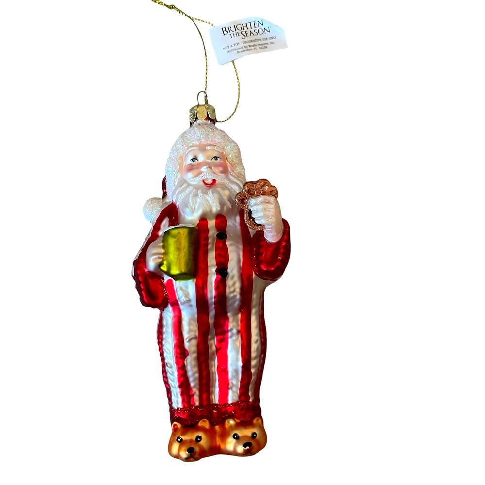Vintage Santa w/ Milk & Cookies Glass Ornament 6in Brighten The Season NEW